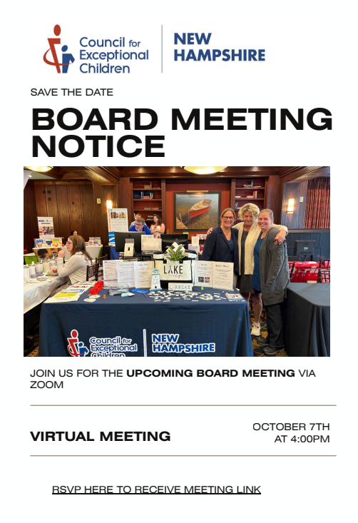 New Hampshire CEC is having a board meeting on Zoom on October 7th at 4pm. Click to register.